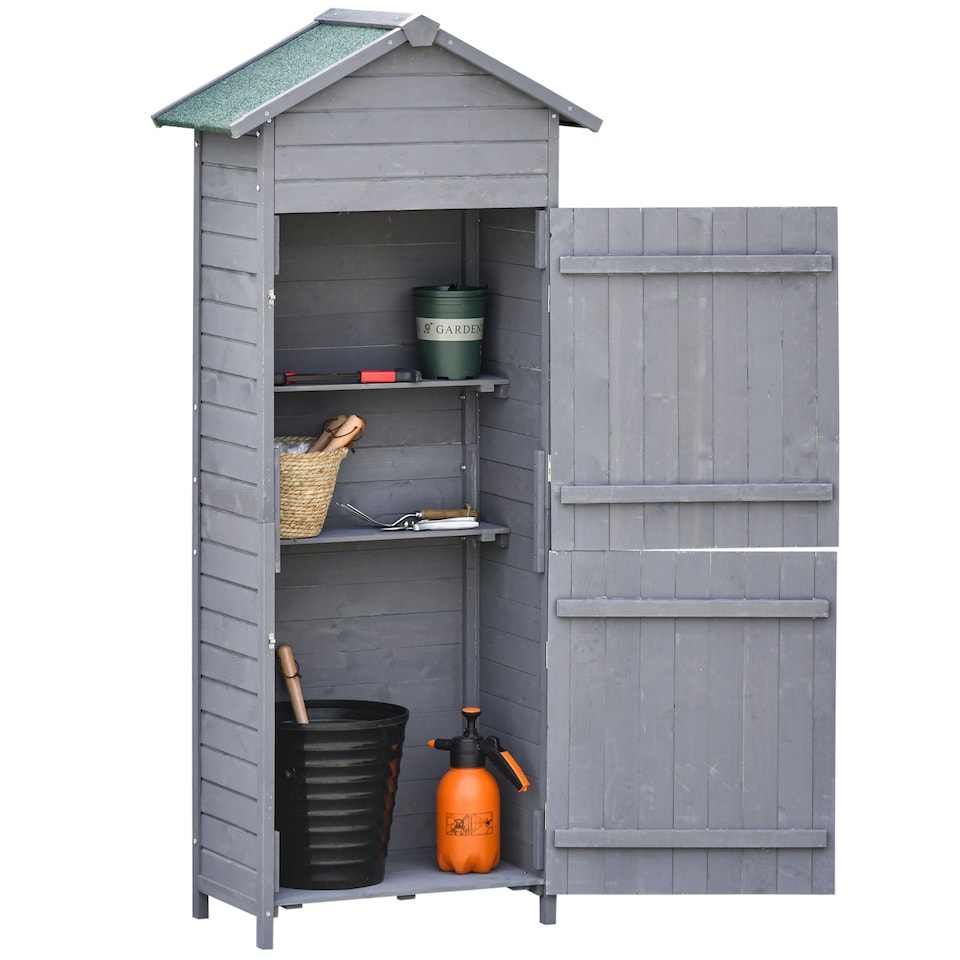 image 1 of Outsunny Wooden Garden Storage Shed Utility Gardener Cabinet w 3 Shelves, Tiltedfelt Roof and Two Lockable Doors, 79cm x 49cm x 191.5cm, Dark Grey