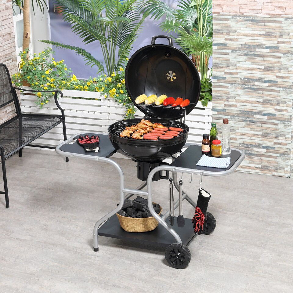 image 1 of Outsunny Garden Charcoal Barbecue Grill Trolley BBQ Patio Heating  Wheels