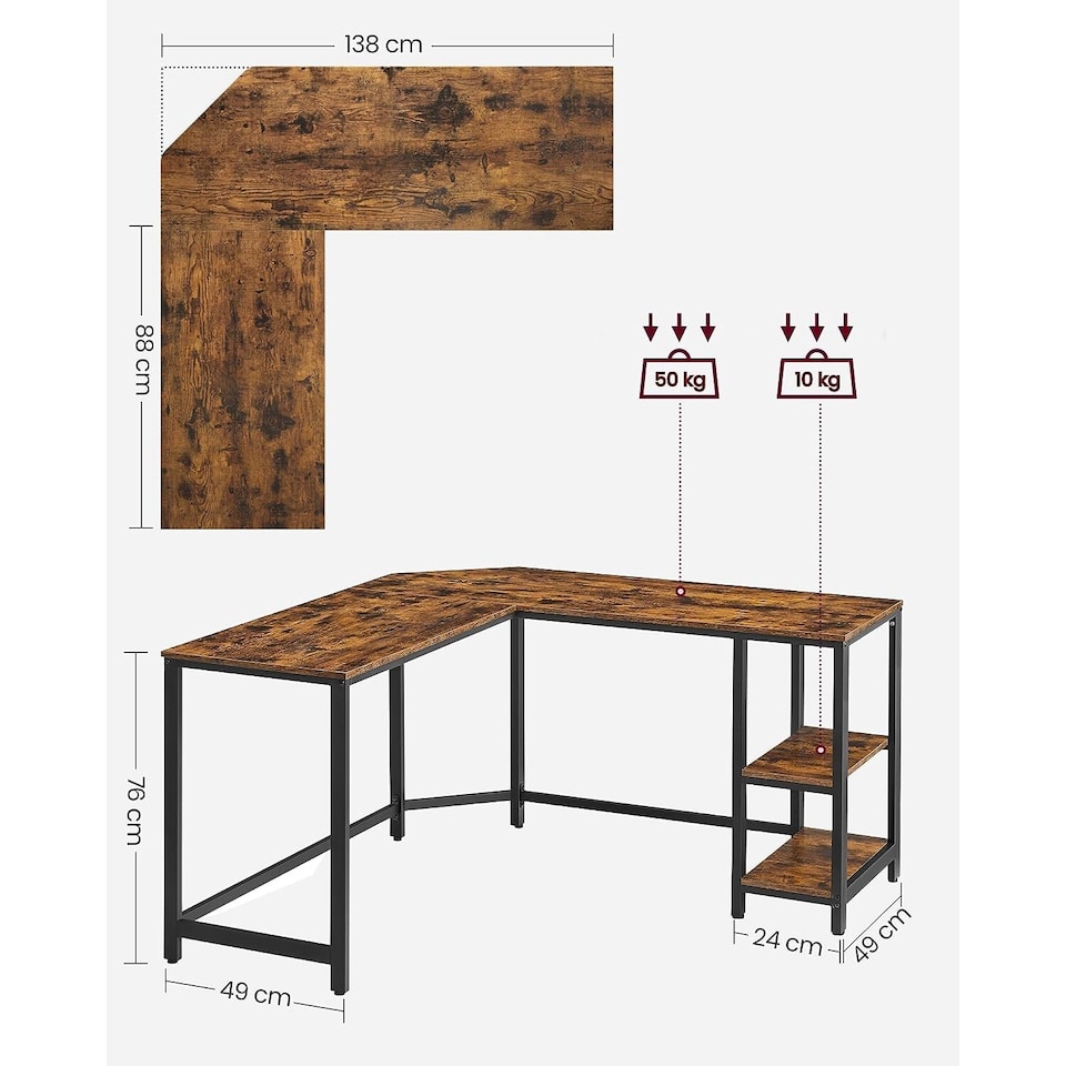 image 1 of Space Saving L-Shaped Computer Desk with Shelves, Home Office Workstation, Rustic Brown and Black