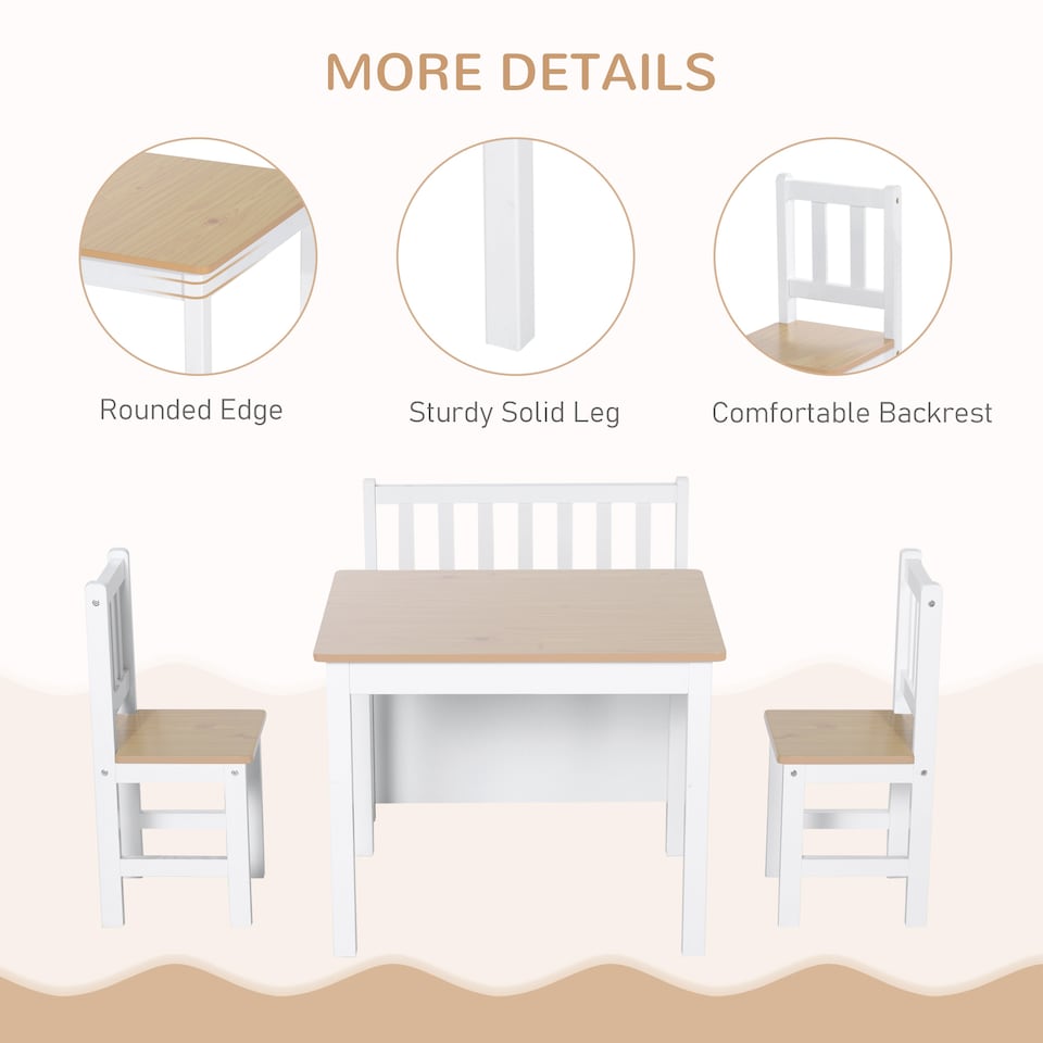 image 1 of HOMCOM 4-Piece Set Kids Wood Table Chair Bench w/ Storage Function for 3 Years+