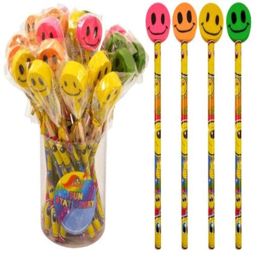 24x RANDOM SMILE PENCIL W/ERASER TOP - Party Favours - S09345