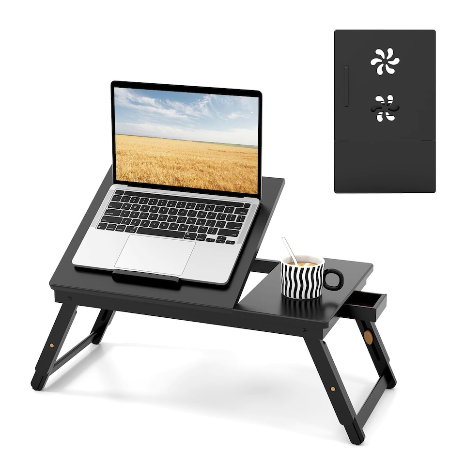 image 1 of COSTWAY Laptop Lap Table w/Adjustable Legs & Storage Drawer | Brown