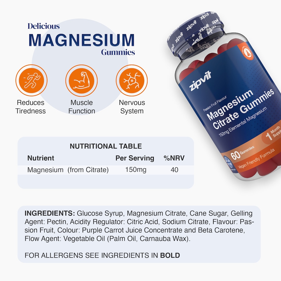 image 1 of Zipvit Magnesium Gummies, Energy, Muscle & Nerve Support, Passion Fruit Flavour, 60 Vegan Gummies, 1-Month Supply