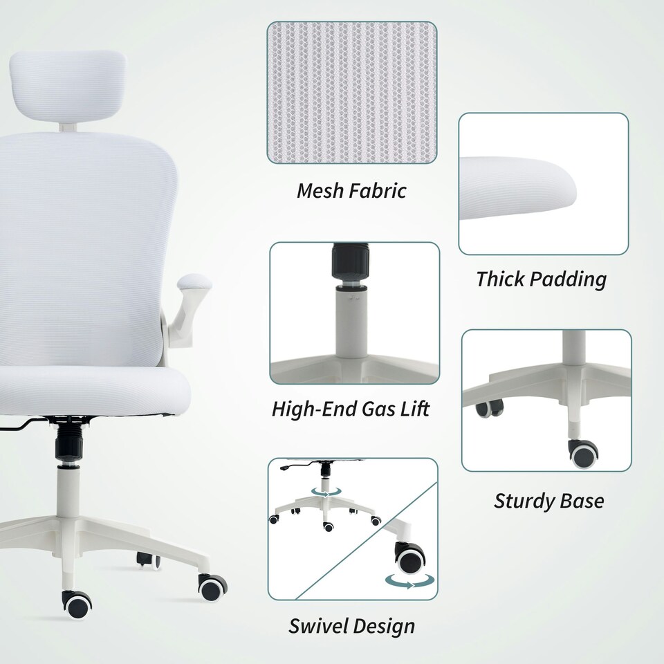image 1 of Vinsetto Mesh Chair with Headrest, 4D Lumbar Support, Flip-up Arm, White White