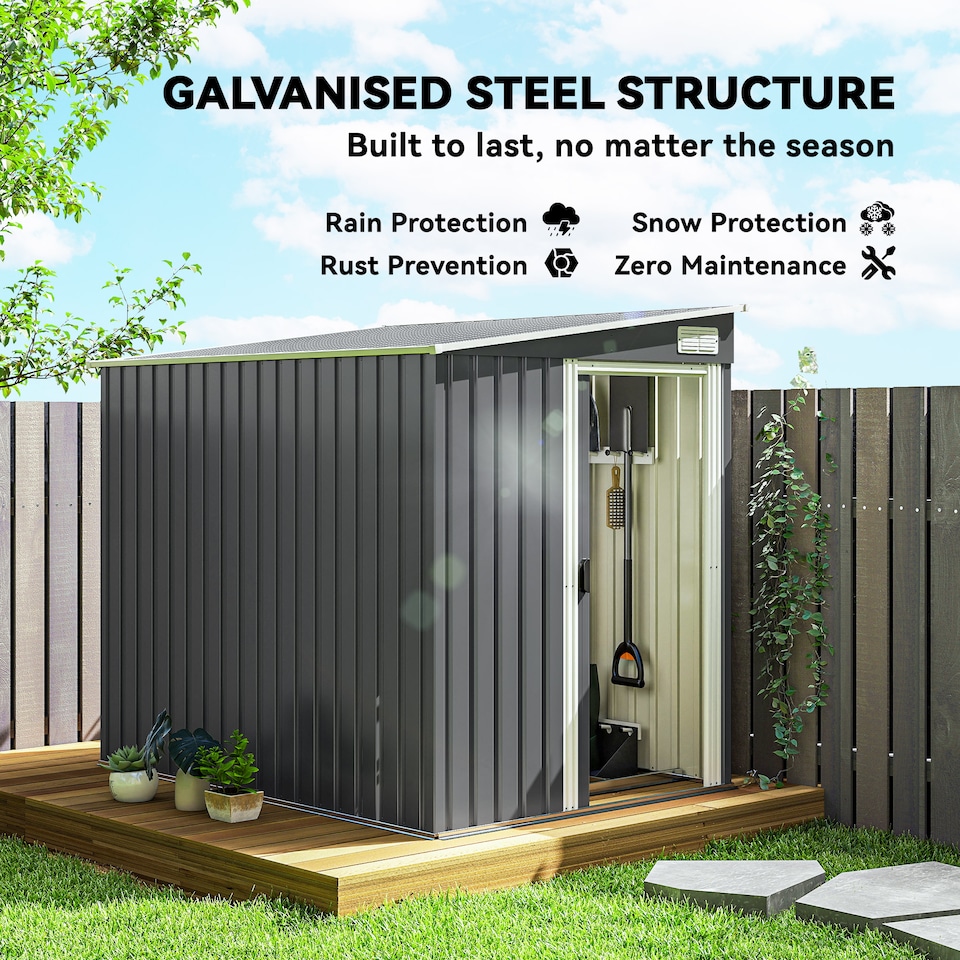 image 1 of Outsunny 7 x 5FT Galvanised Metal Garden Shed with Foundation, Lean to Shed, Tool Storage House with Sliding Doors, 2 Vents, Adjustable Shelves and Hooks, Dark Grey | Grey | 1