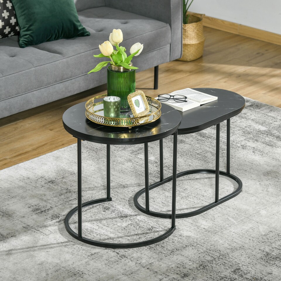 image 1 of HOMCOM Modern Coffee Table Set of 2, Nest of Tables with Steel Frame and Faux Marble Tabletop, Side Tables for Living Room Bedroom, Black