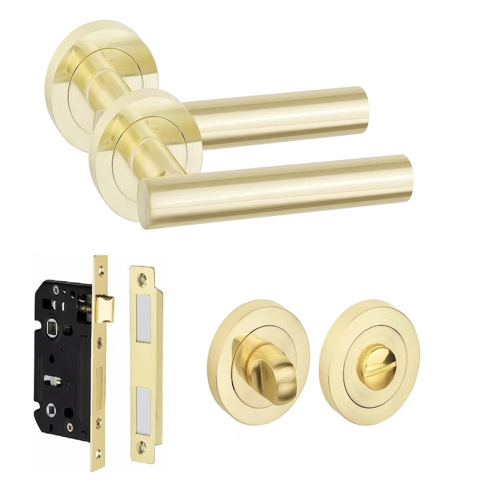 image 1 of Golden Grace Straight T-Bar Design Bathroom Door Handles in Satin Brass Thumbturn and Mortise Lock Set Grey