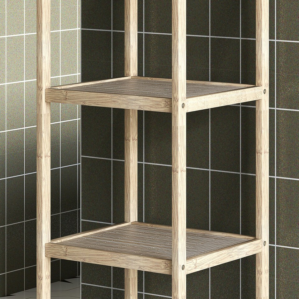 image 1 of 4-Tier Bathroom Storage Shelving Unit, Freestanding Bamboo Shelves, Natural Yellow
