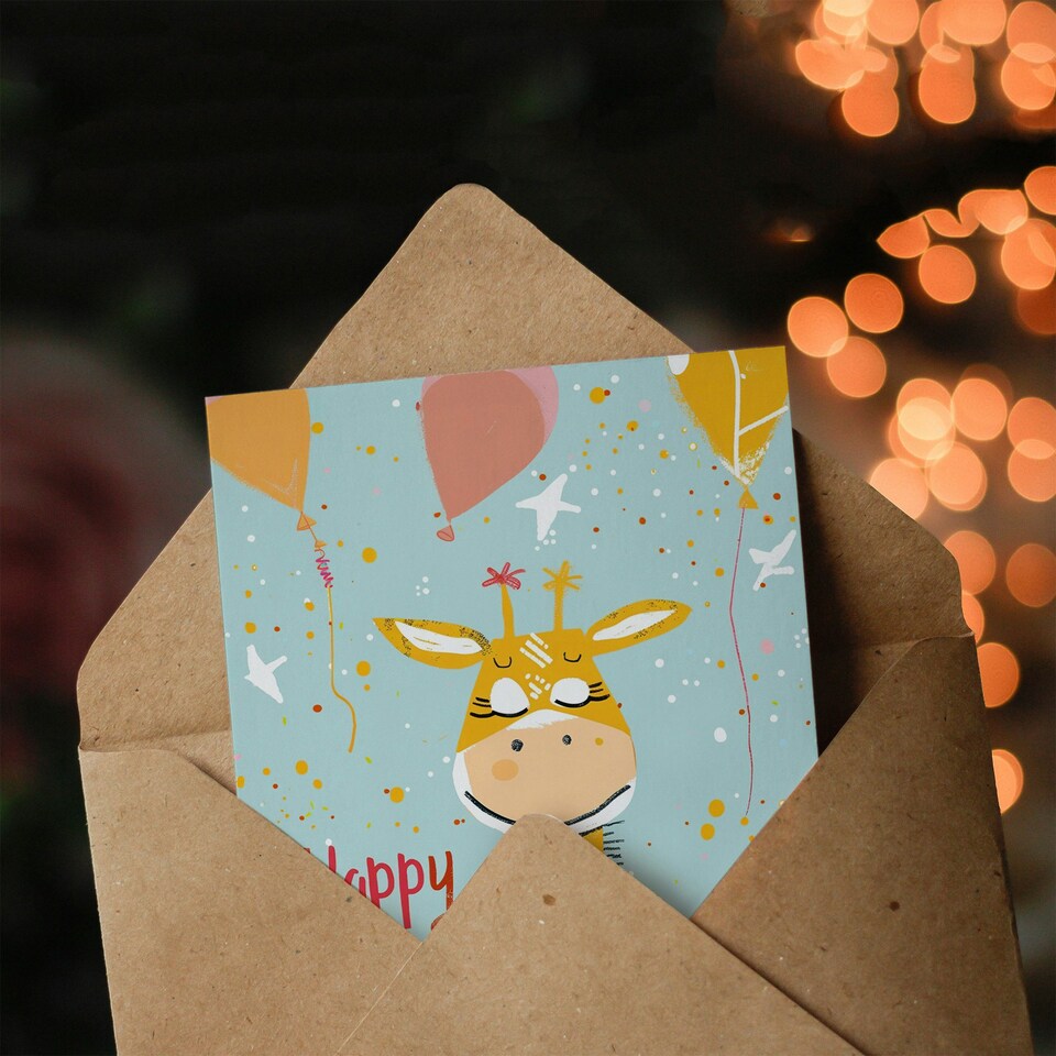 image 1 of Cute Party Balloons Confetti Kids Giraffe Child Kids Birthday Card