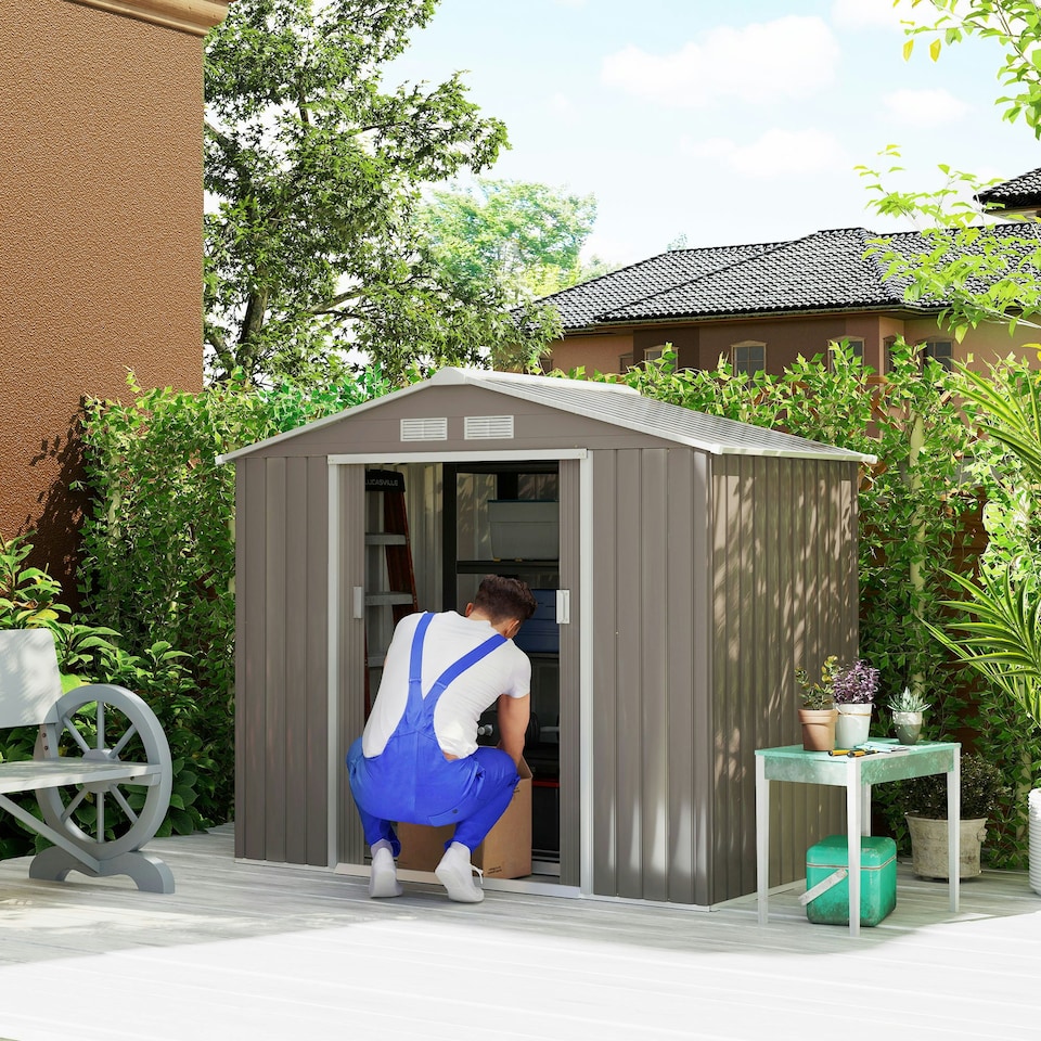 image 1 of Outsunny 7 x 4ft Garden Shed Storage with Foundation Kit and Vents, Grey
