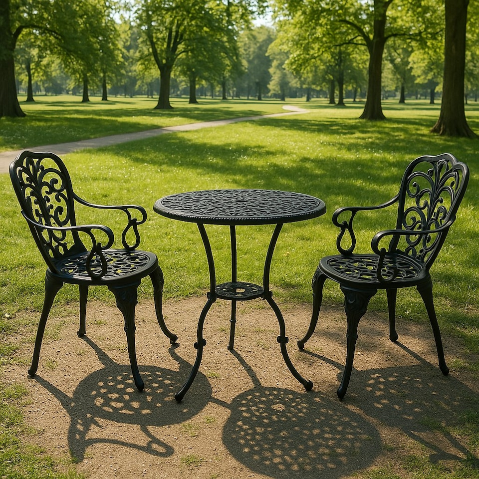 image 1 of Centurion Supports BANGUI Black Garden and Patio Table and 2 Chairs Cast Aluminium Bistro Set