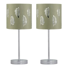 Set of 2 Chrome Stick Table Lamps with Sage Green Fern Shades Chrome | Green