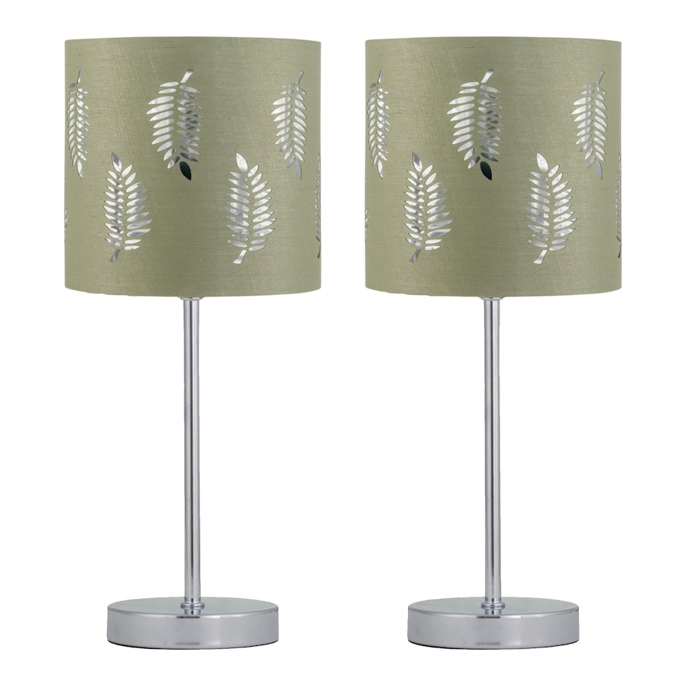 image 1 of Set of 2 Chrome Stick Table Lamps with Sage Green Fern Shades Chrome | Green
