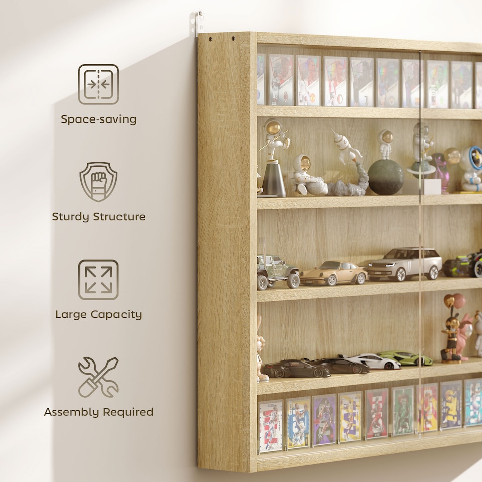 image 1 of HOMCOM 5-Tier Wall Display Shelf Unit Cabinet w/ Shelves Glass Doors Oak | White
