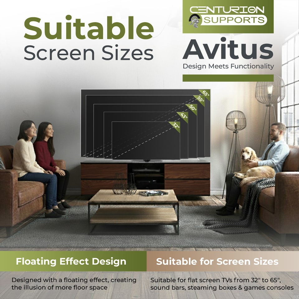 image 1 of Centurion Supports Avitus Gloss Black with 4-Walnut Drawers and 3-Shelf 32"-65" LED/LCD/Plasma TV Stand | Black | 1