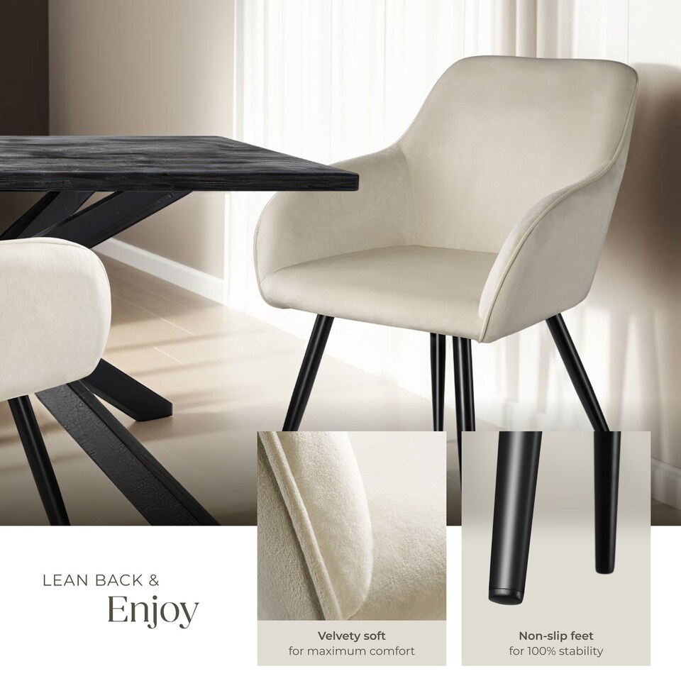 image 1 of Dining Chair Marilyn - with armrests, padded, velvet look, black steel legs | Cream | cream/black | 1