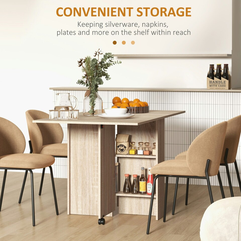 image 1 of HOMCOM Mobile Drop Leaf Dining Table, Folding Desk with 2 Wheels, Natural