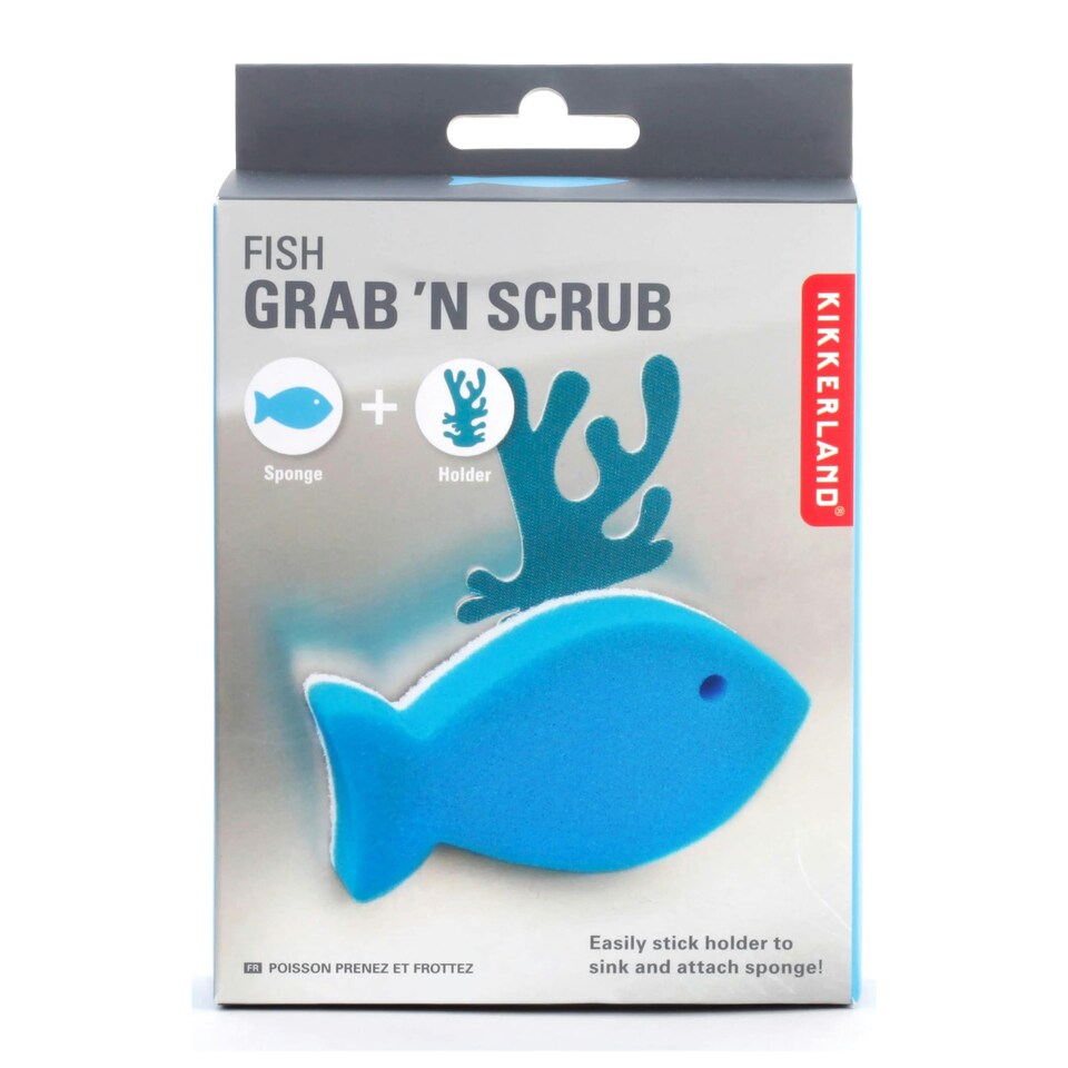 image 1 of Kikkerland Fish Grab 'N Scrub Sponge & Holder Set | Blue | One Size | 1