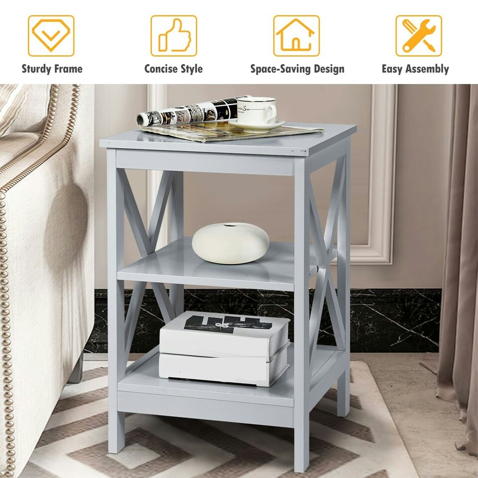 image 1 of COSTWAY 3-Tier Nightstand Side Table X-Design End Table Grey