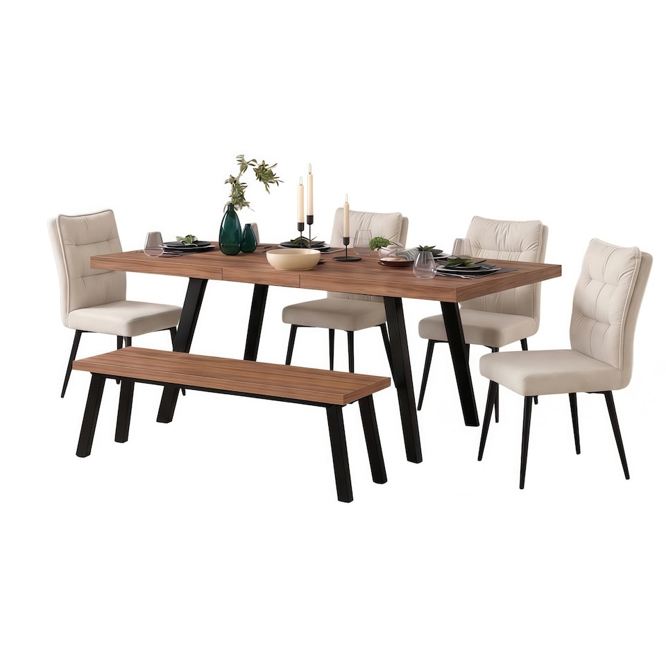 image 1 of 6-Piece Dining Set, Expandable Dining Table with 4 Beige Padded Chairs+Bench
