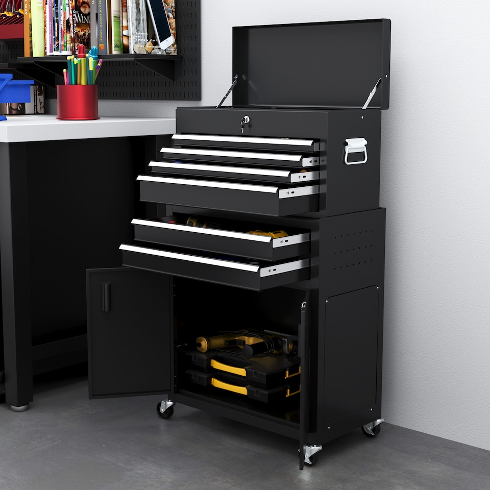 image 1 of HOMCOM Tool Chest, Metal Tool Cabinet on Wheels with 6 Drawers, Pegboard, Top Chest and Roller Cabinet Combo, 61.6 x 33 x 108cm, Black