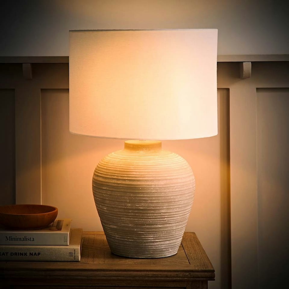 image 1 of ValueLights Reid Linen Drum Lamp Shade Stone Grey Ribbed Ceramic Large Table Lamp | Grey