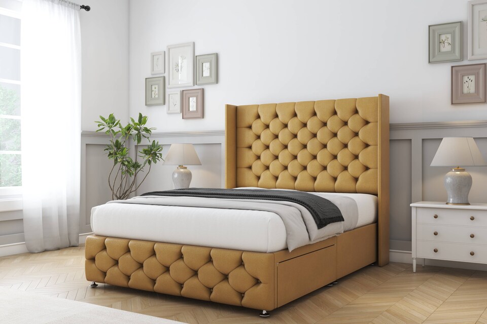 image 1 of Sloomy Luthor Mustard Plush Divan Bed With Mattress 2 Drawers Footend With 54" Wingback Headboard & 12" Matching Footboard 5' King | Gold | Mustard | King | 1