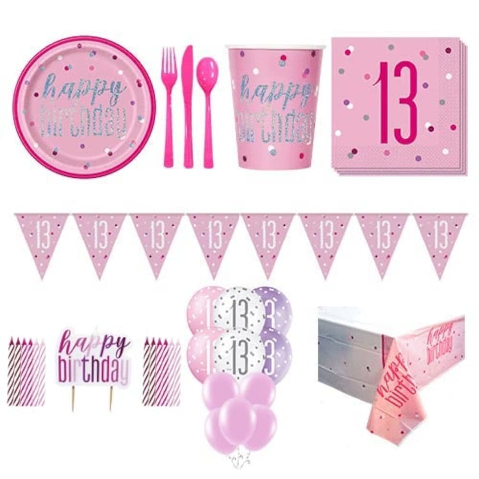 Pink Glitz 13th Birthday 16 Person Deluxe Party Pack