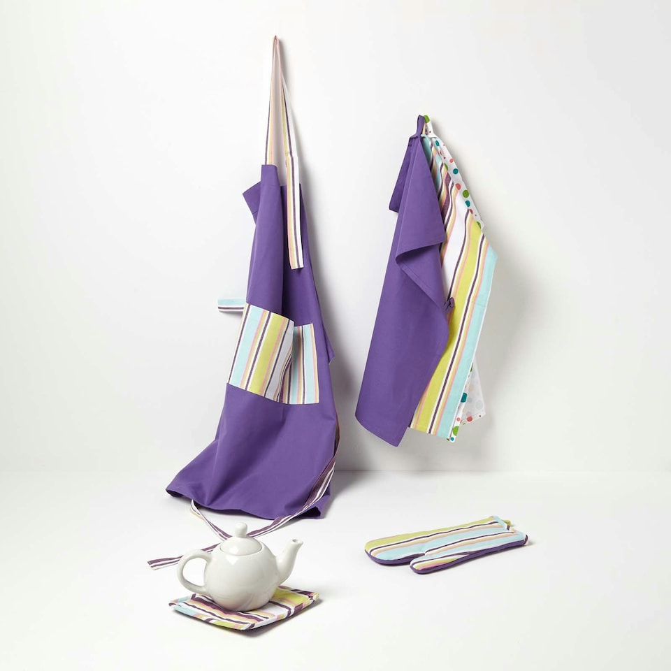 image 1 of Homescapes Osaka Purple Stripe Cotton Tea Towels Set Of Three