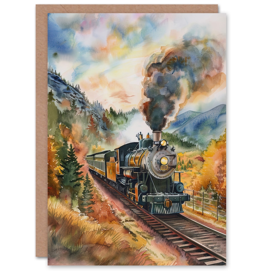 image 1 of Greeting Card Locomotive Train Passing Through Autumn Forest Good Luck