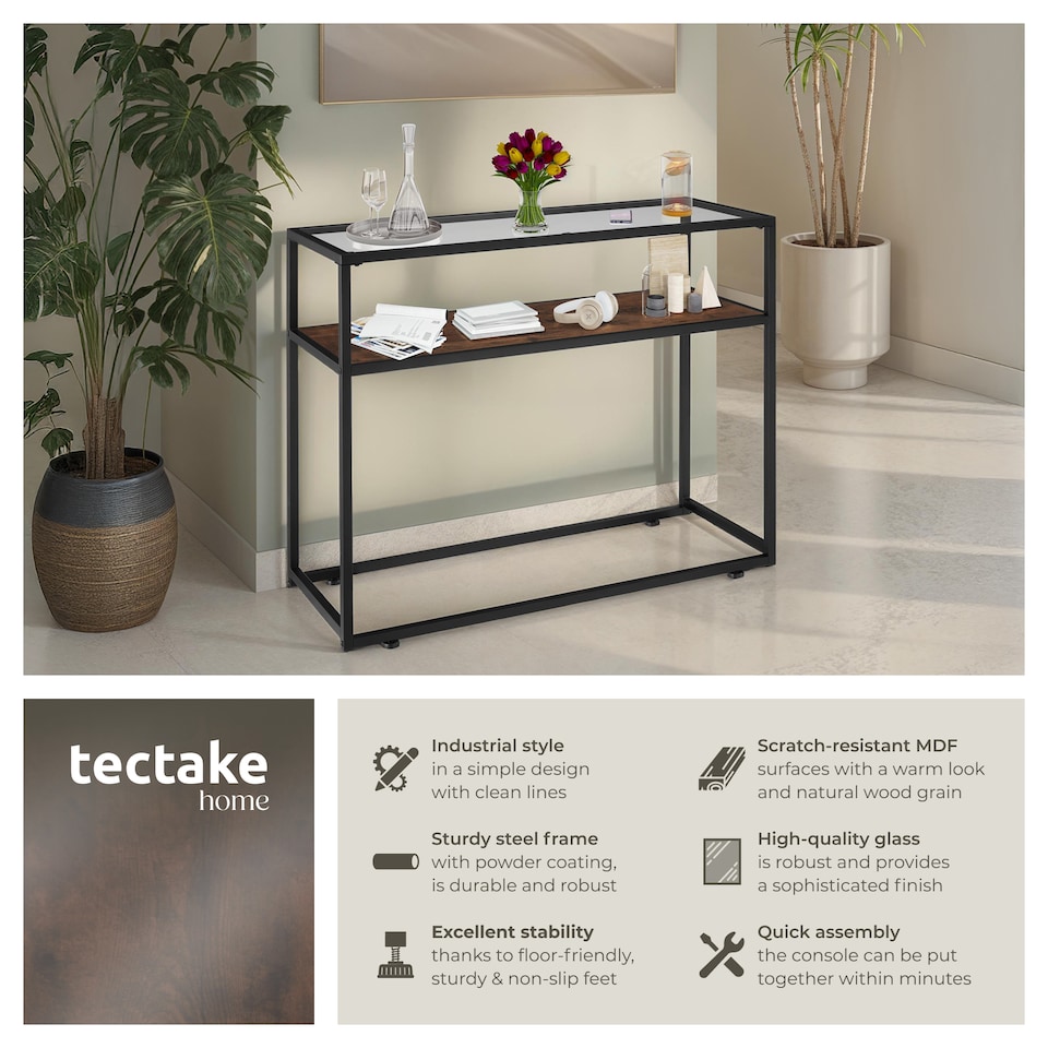 image 1 of Console Table Kilkenny - 2 shelves, with glass top surface | Brown | Industrial wood dark, rustic | 100 x 41 x 80,50 cm | 1