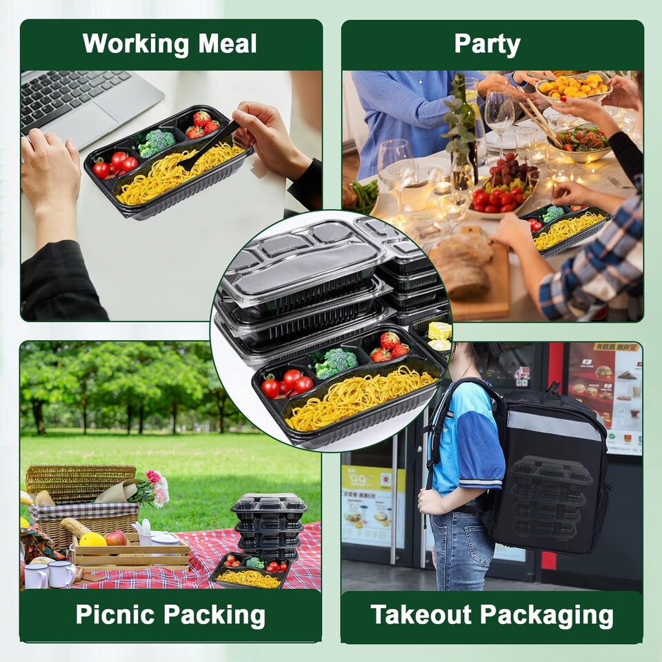 image 1 of Black 4 Compartment Meal Prep Containers With Lid Plastic Microwave Safe Food Storage Box 50pc