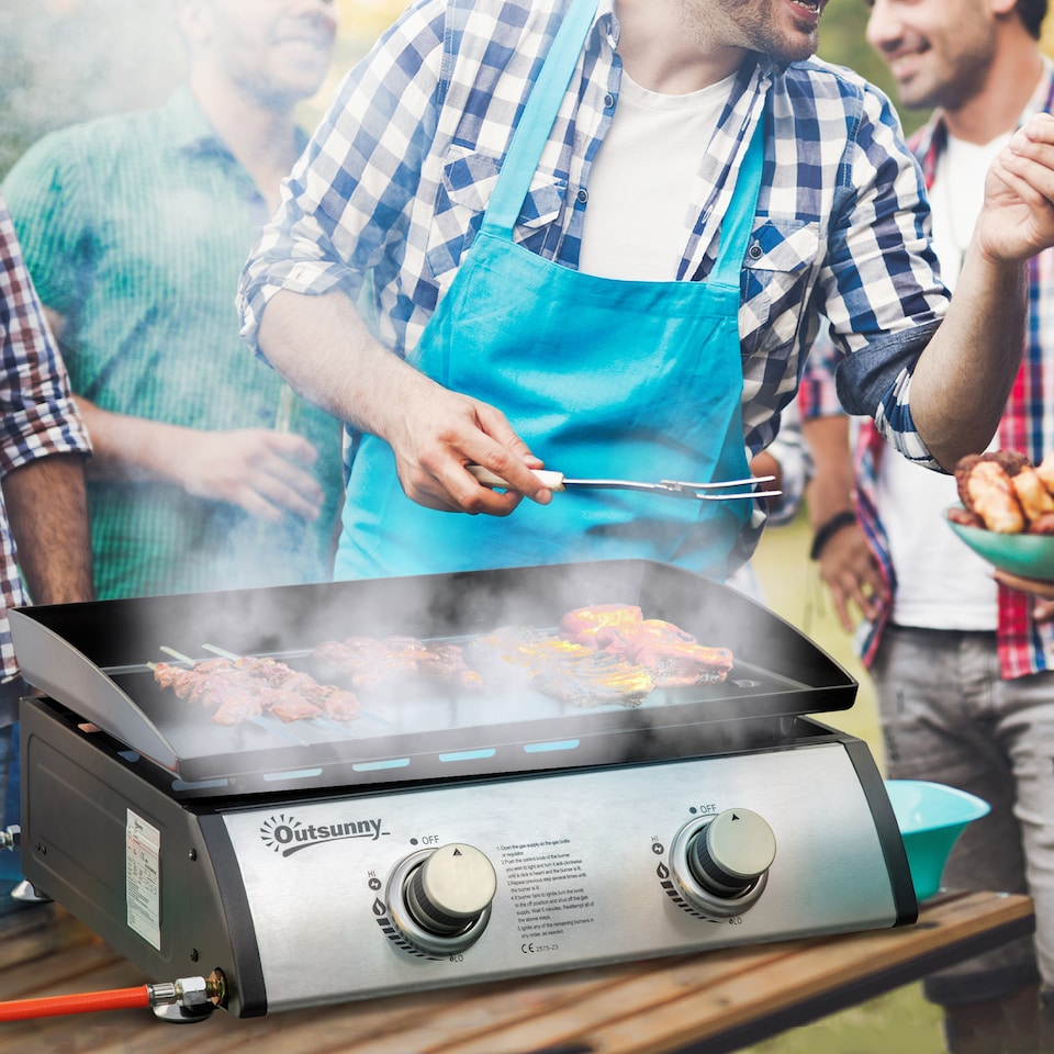 image 1 of Outsunny Portable Gas Plancha Barbecue Grill with 2 Stainless Steel Burner