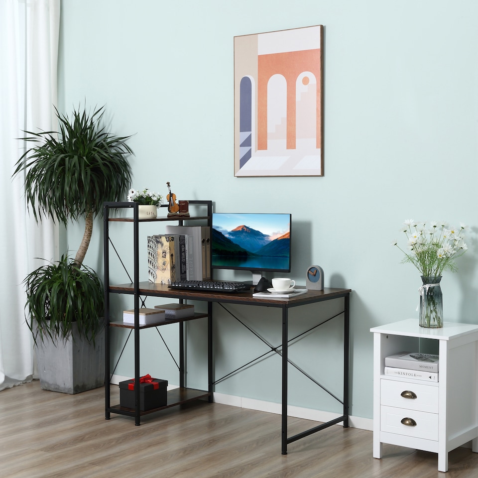 image 1 of HOMCOM Reversible Computer Desk with Storage Shelves on Left or Right, Industrial Reversible Writing Desk for Home Office, Study, Easy Assembly, 120 x 64 x 121cm, Rustic Brown and Black