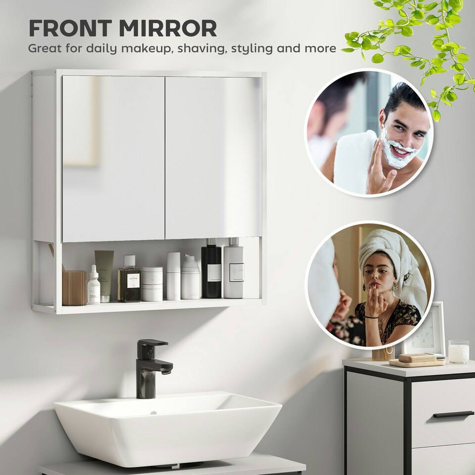 image 1 of HOMCOM Industrial Bathroom Cabinet with 2 Mirrored Doors Open Shelf White