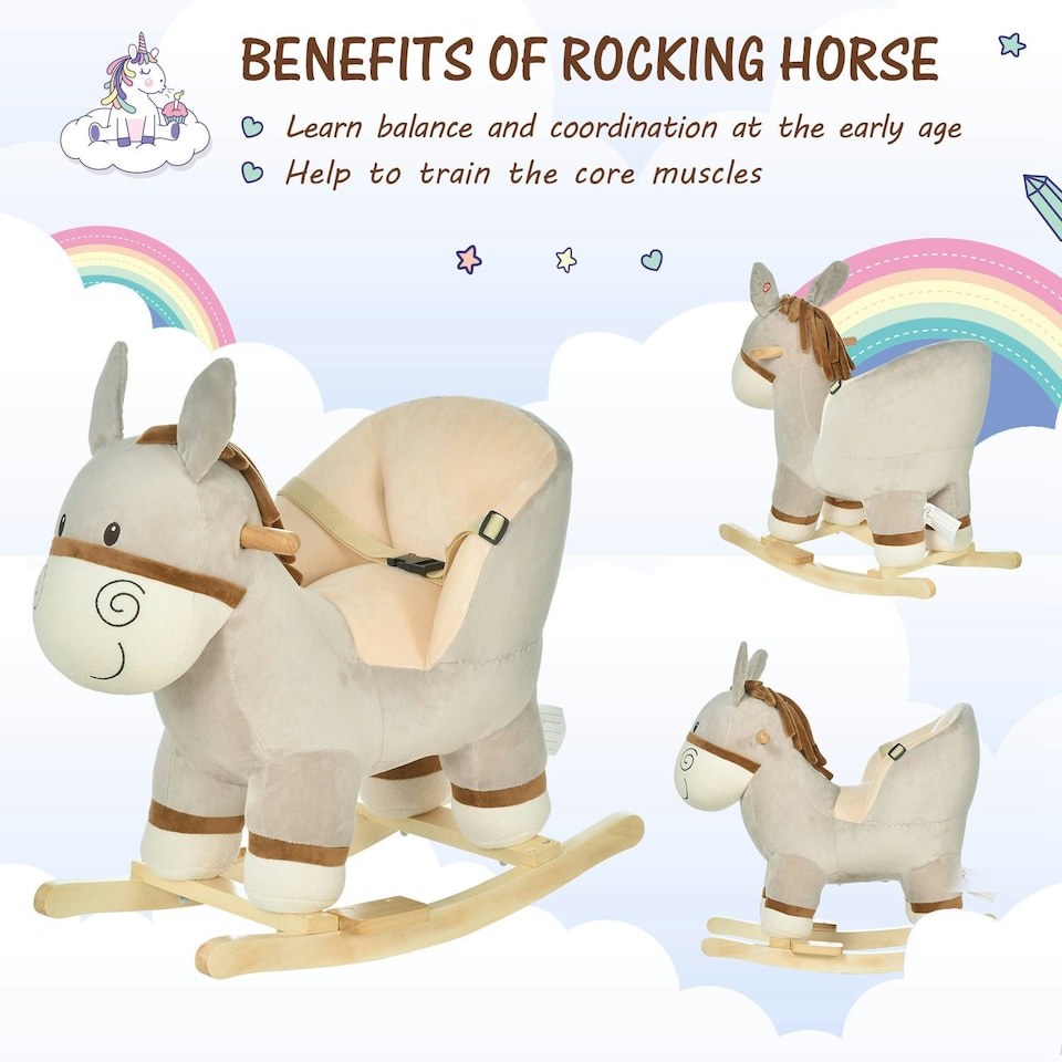 image 1 of HOMCOM Cute Kids Ride-On Rocking Donkey w/ Sound Handlebars Seat Belt Plush Body