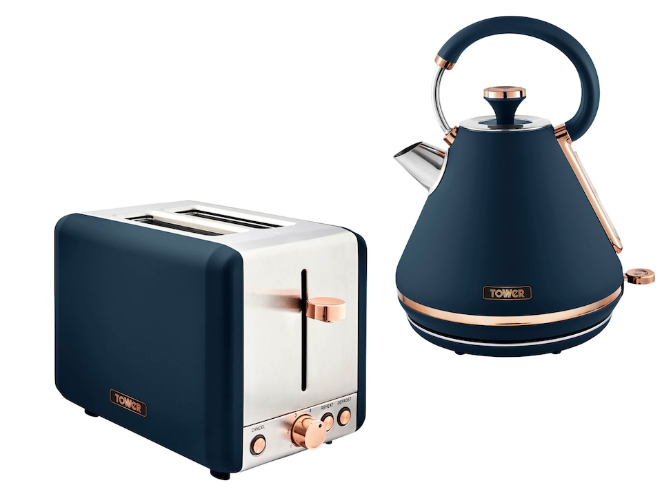 image 1 of Tower Cavaletto Pyramid Kettle & 2 Slice Toaster Set in Midnight Blue & Rose Gold