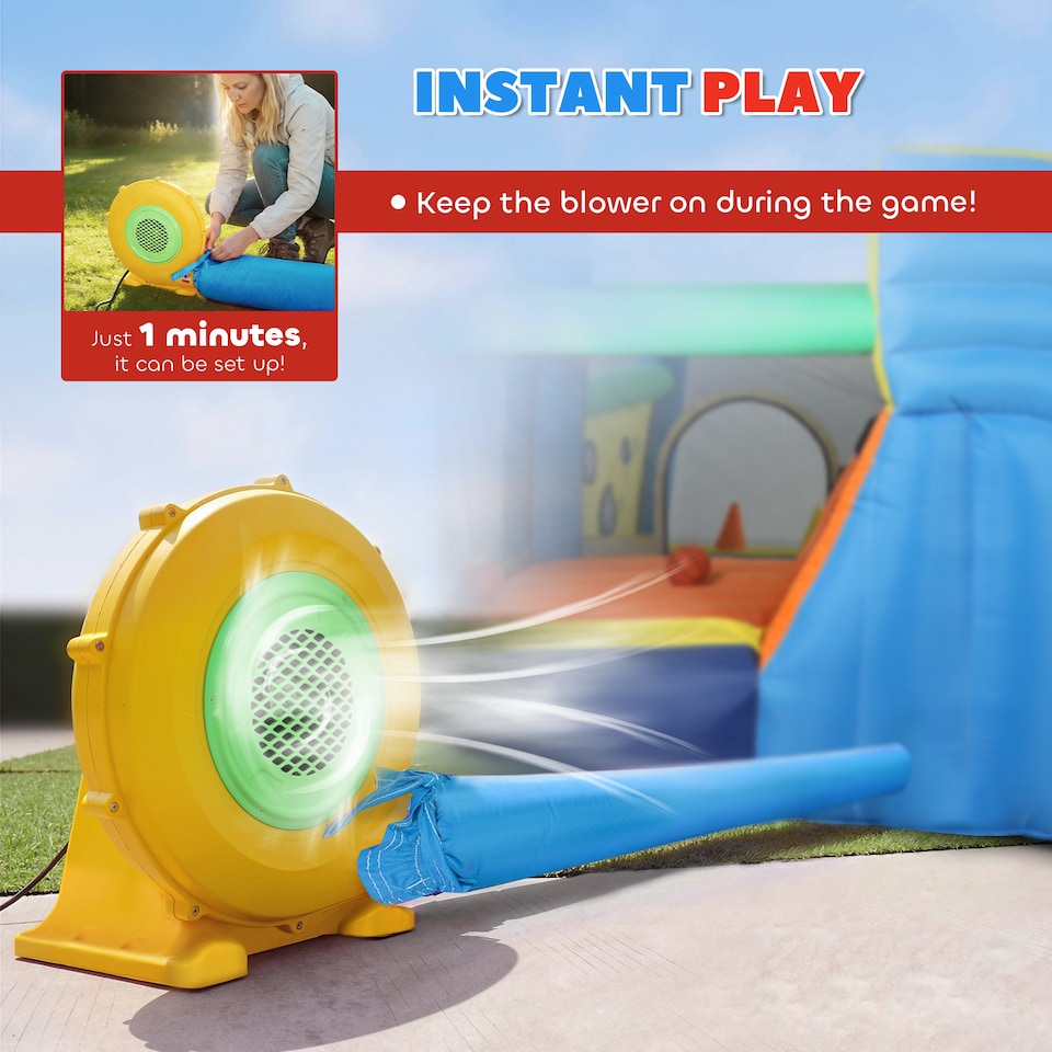 image 1 of AIYAPLAY 8 in 1 Bouncy Castle for Kids, Inflatable Bounce House with Slide | Multi | Light blue base, orange slide, deep blue sides | 350 x 320 x 190 cm