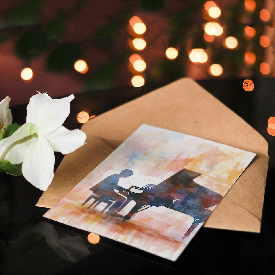 image 1 of Pianist Musician Playing Grand Piano Watercolour Birthday Card
