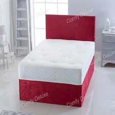 2FT6 Small Single Red Crush Velvet Divan Bed With Headboard & Memory Sprung Mattress 2 Drawers Same Side