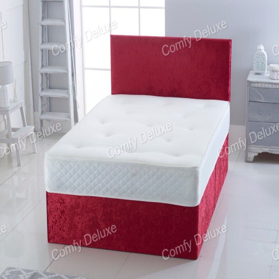 2FT6 Small Single Red Crush Velvet Divan Bed With Headboard & Memory Sprung Mattress 2 Drawers Same Side