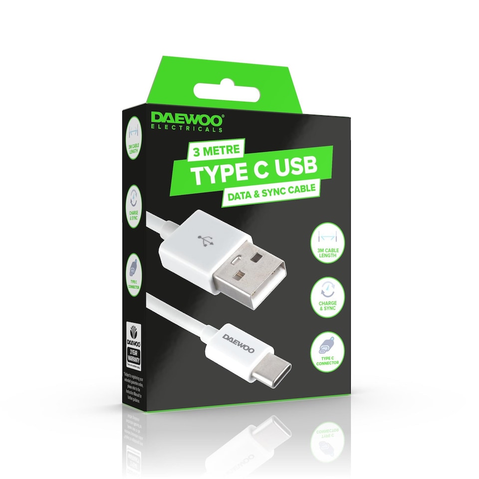 image 1 of Daewoo 3 Metre USB A To USB C Charge Cable White