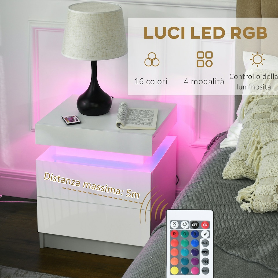 image 1 of HOMCOM High Gloss Bedside Table with LED Light and 2 Drawers, White