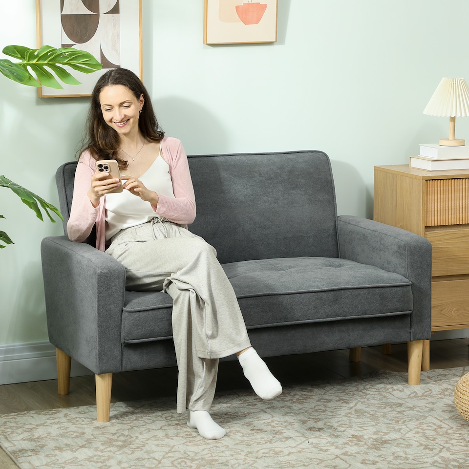 image 1 of HOMCOM 2 Seater Sofa, Modern Velvet-Feel Sofa with Rubber Wood Legs, Upholstered Tufted Loveseat for Small Space, Living Room, Bedroom, Home Office, Grey | Grey | Two Seater