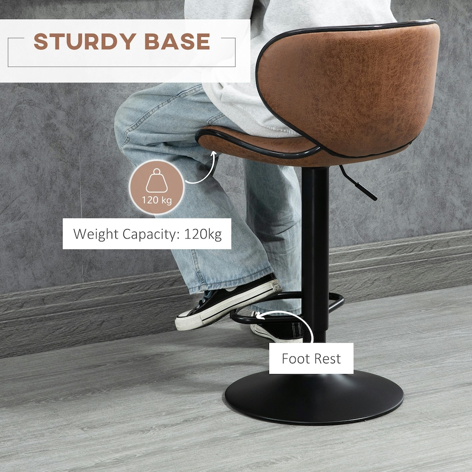 image 1 of HOMCOM Bar Stool Set of 2 Microfiber Cloth Adjustable Armless Chairs Brown