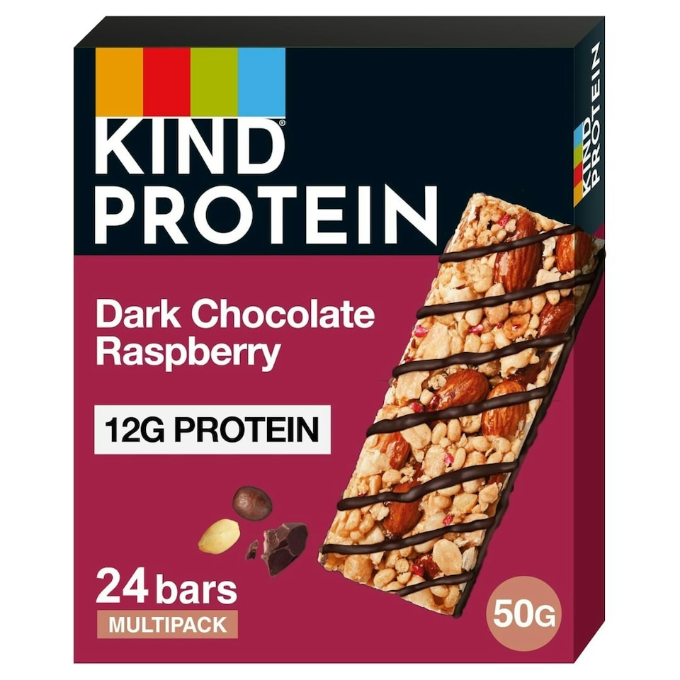 image 1 of KIND Protein Bars, Gluten Free Snack, Dark Chocolate Raspberry, High Fibre, Source of Protein, No Artificial Colours, Flavours or Preservatives, 24 x 50g