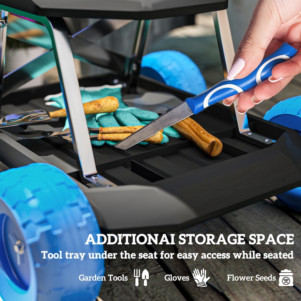 image 1 of Outsunny Garden Cart with Wheels, Tool Tray for Weeding, Planting, Blue