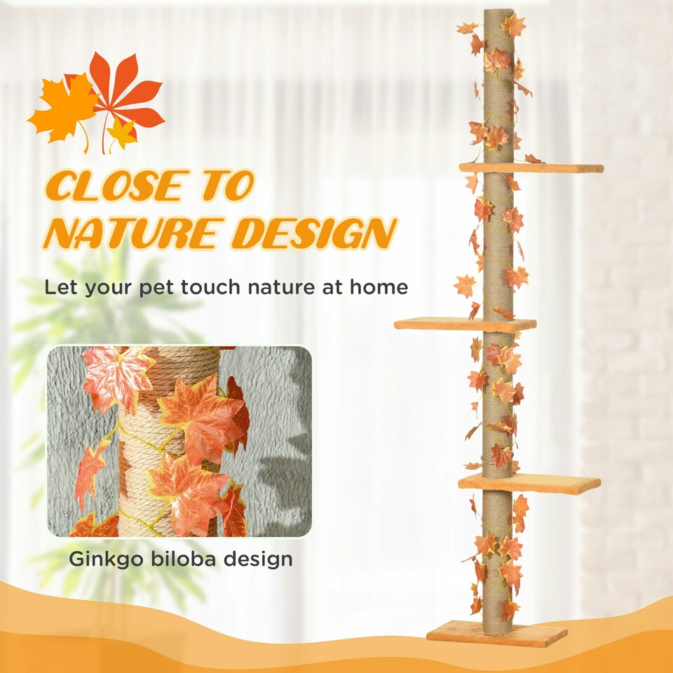 image 1 of PawHut 242cm Floor to Ceiling Cat Tree with Leaves, Scratching Post, Orange