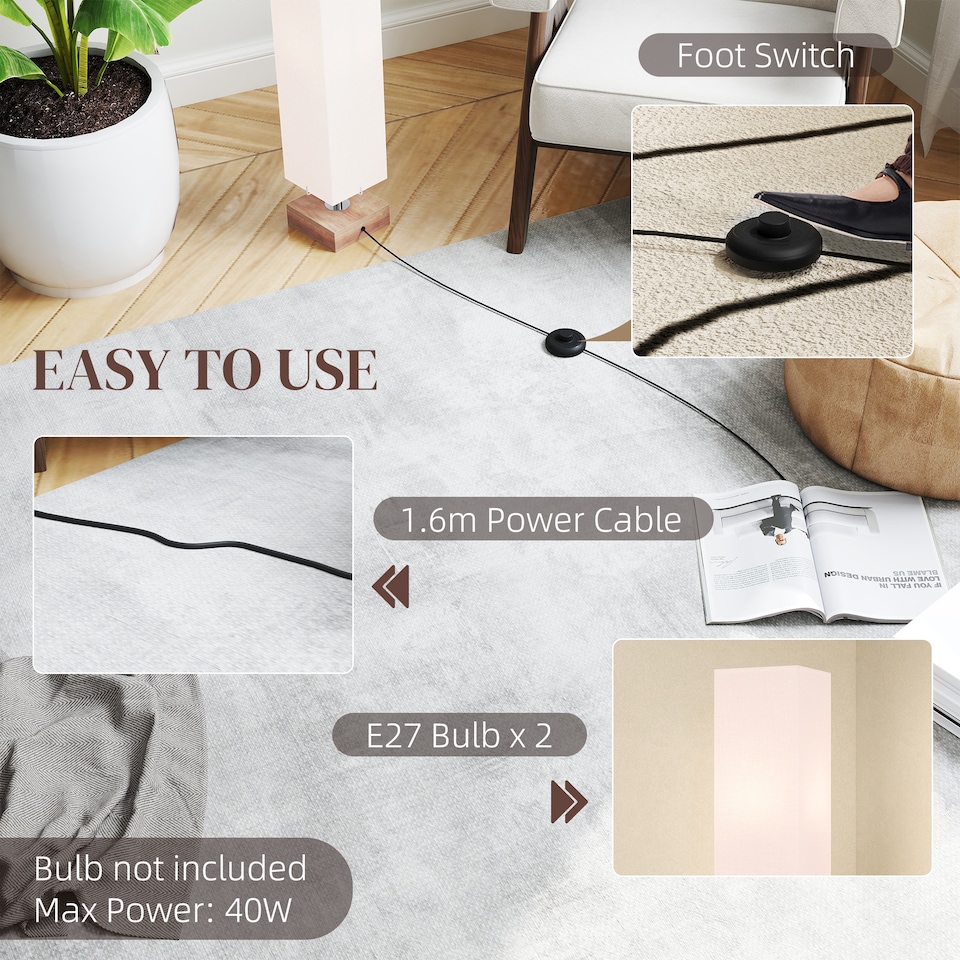 image 1 of HOMCOM Floor Lamp, 120cm Standing Lamp with Linen Lampshade, Standard Light with Pine Wood Base for Living Room, Bedroom (Bulbs Not Included)