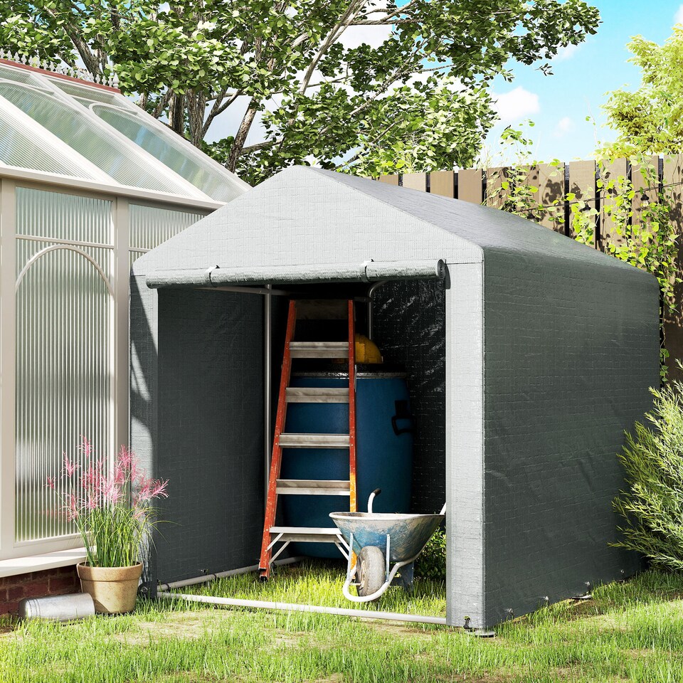 image 1 of Outsunny 1.6 x 2.2m Garden Storage Shed Tent, Portable Shed Shelter with Galvanised Steel Frame and Large Door, for Motorbike, Garden Tools, Bike Storage, Light Grey | Grey | Light Grey | 1